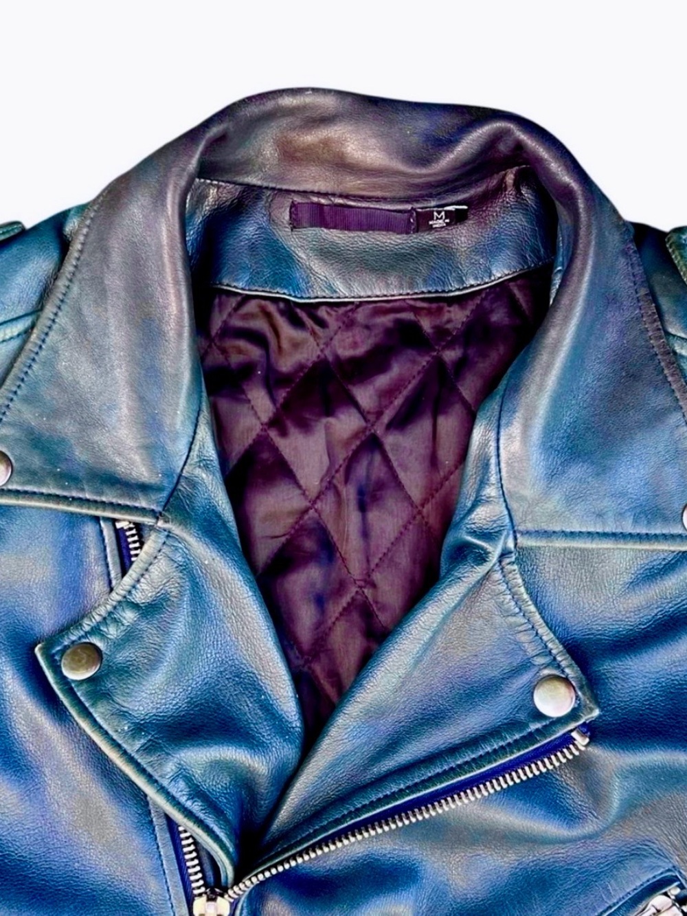 Men's Blue Leather Biker Jacket - Classic Moto Style - Picture 5 of 10